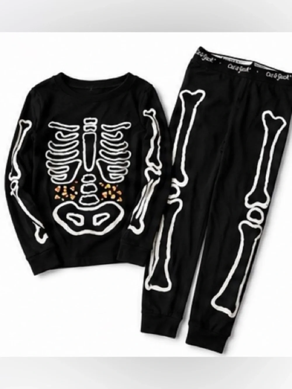 Cat & Jack Glow in Dark Skeleton Halloween Pajama Set Costume Candy Corn Kids 6